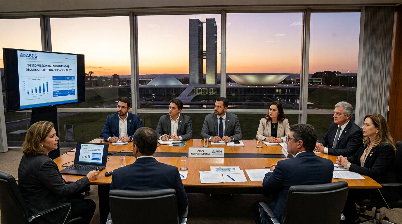 Representantes da ABDS em reunião institucional em Brasília, com o Congresso Nacional ao fundo